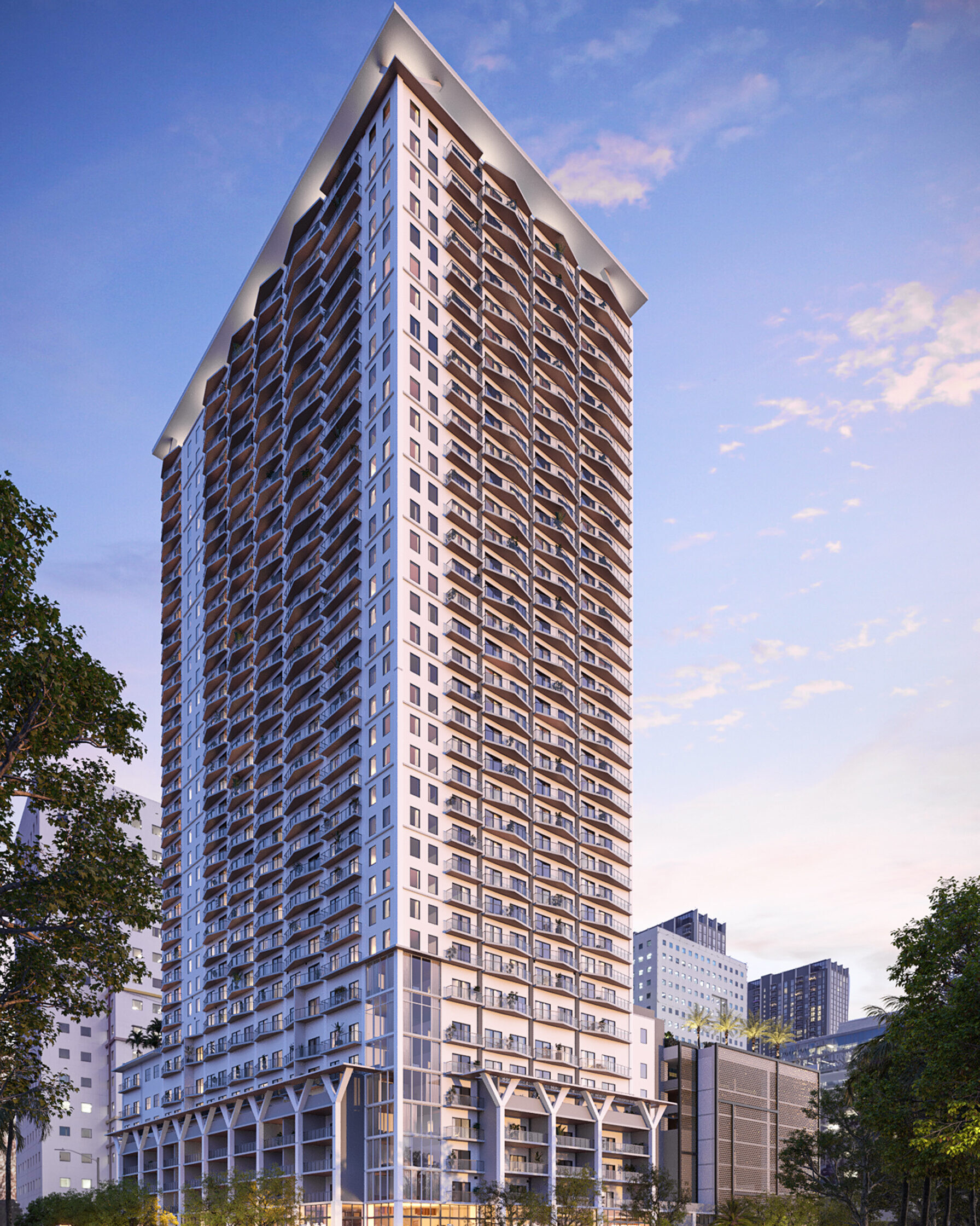 Rendering of Atlantic Station multi-use building with street view of people walking.