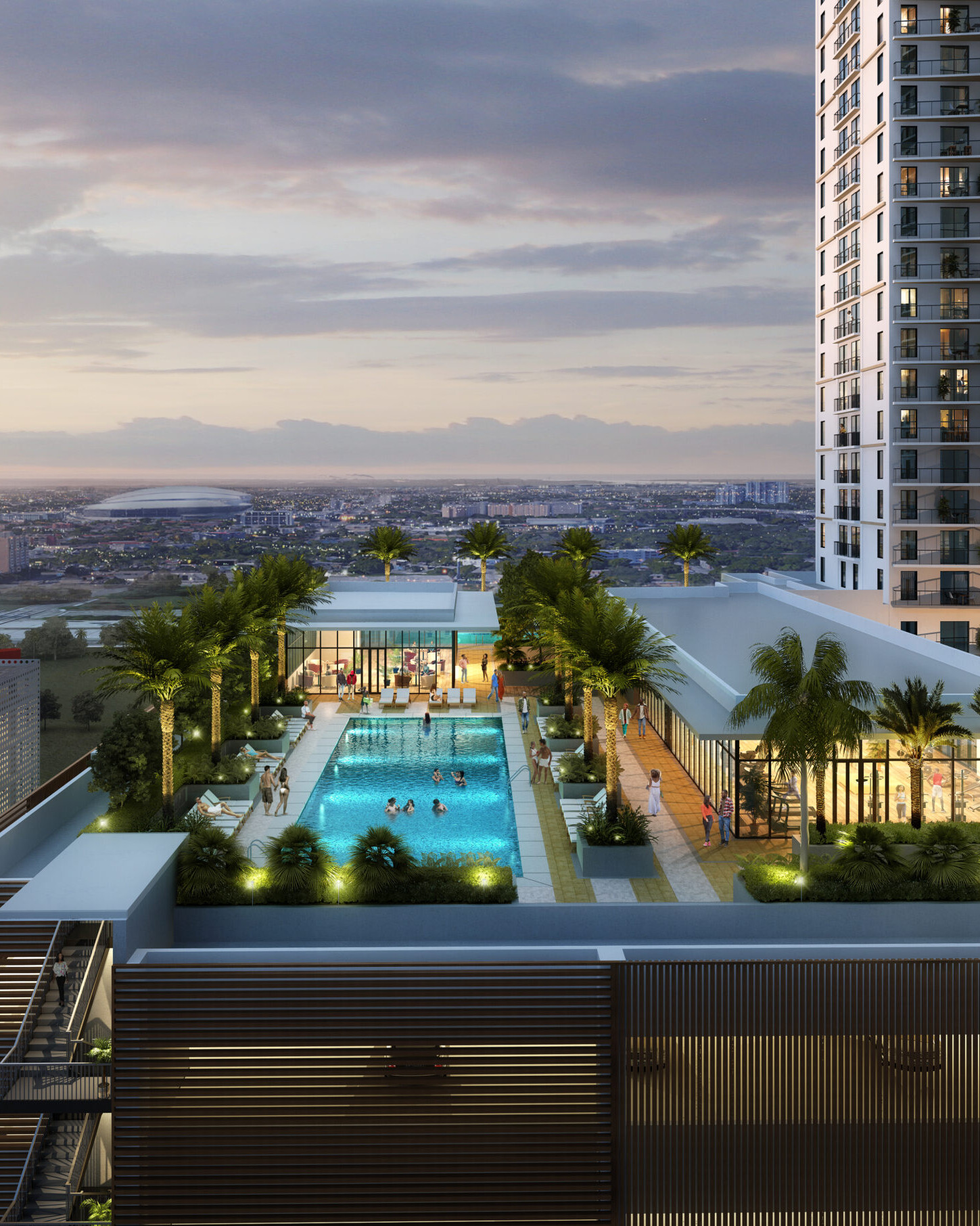 Aerial view rendering of Atlantic Station Miami pool deck with people enjoying the pool and amenities.